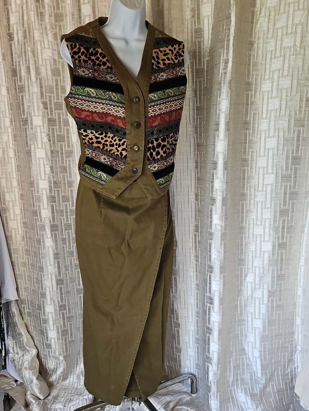 Cambridge Dry Goods Olive Green Skirt with Multicolor Patterned Vest